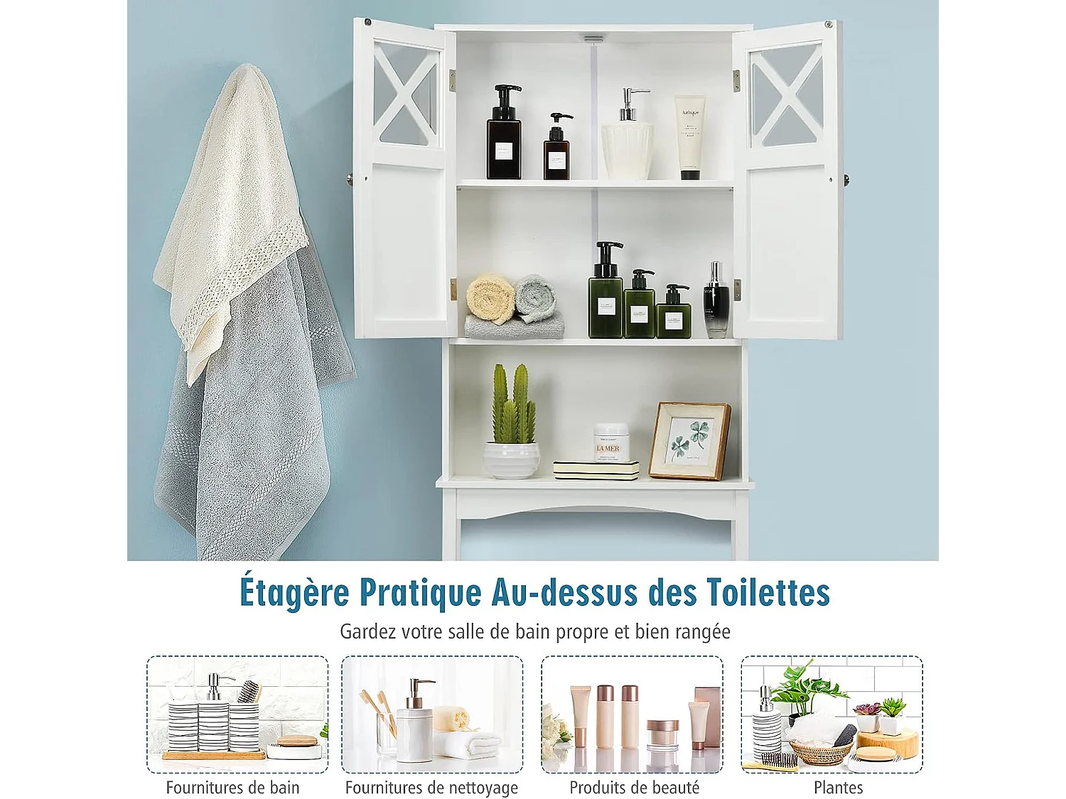 Meuble WC au-Dessus des Toilettes Étagère de Rangement de Salle de Bain Hauteur Réglable 2 Portes avec Verre Trempé, Blanc