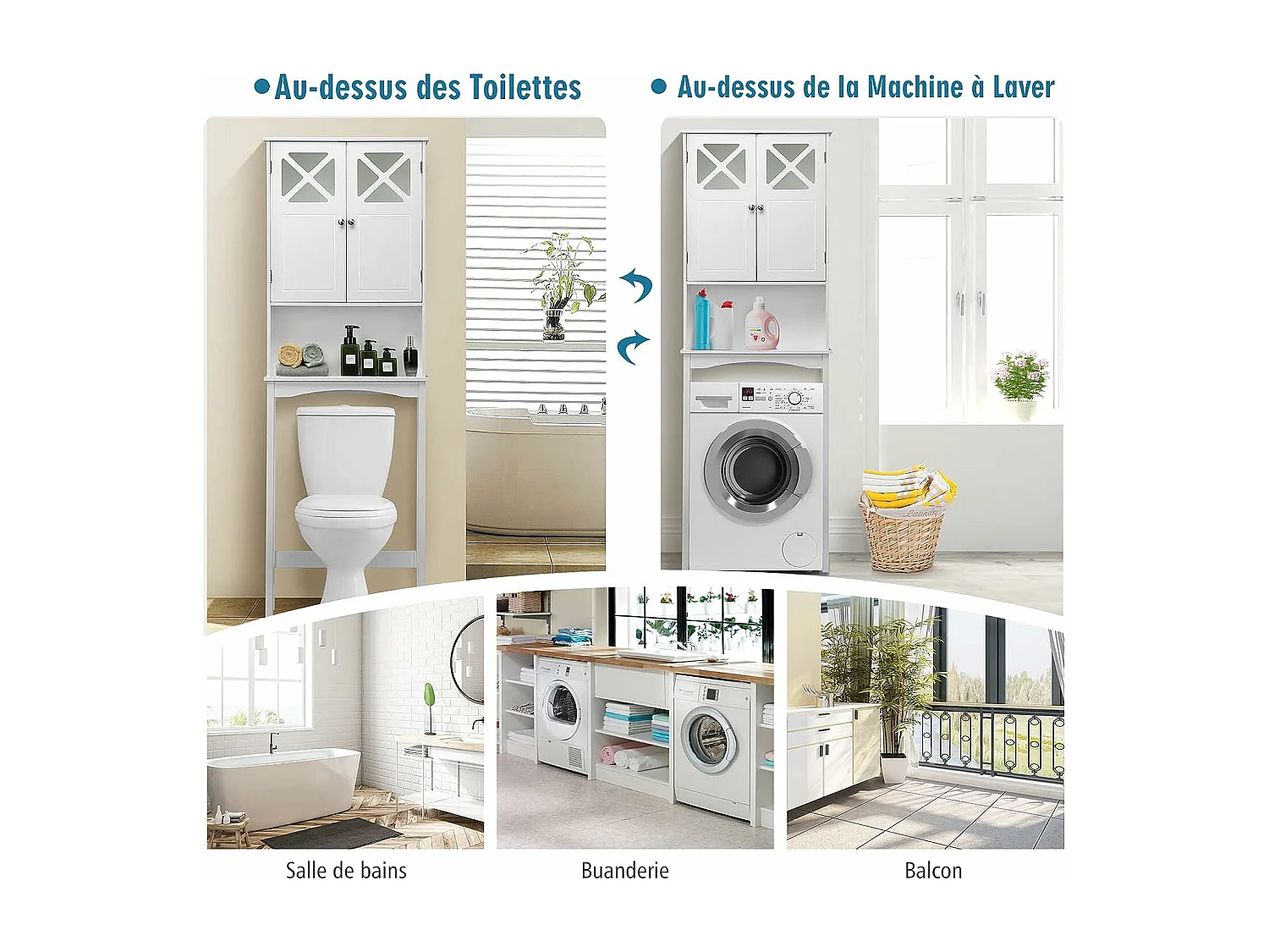 Meuble WC au-Dessus des Toilettes Étagère de Rangement de Salle de Bain Hauteur Réglable 2 Portes avec Verre Trempé, Blanc