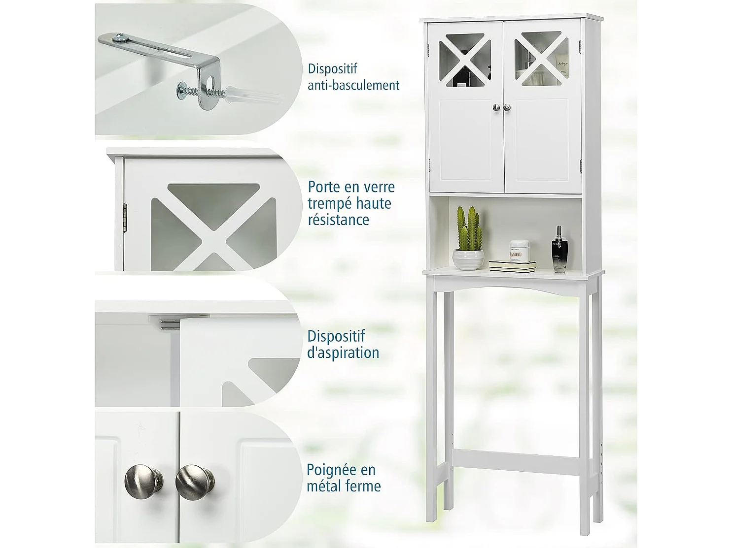 Meuble WC au-Dessus des Toilettes Étagère de Rangement de Salle de Bain Hauteur Réglable 2 Portes avec Verre Trempé, Blanc