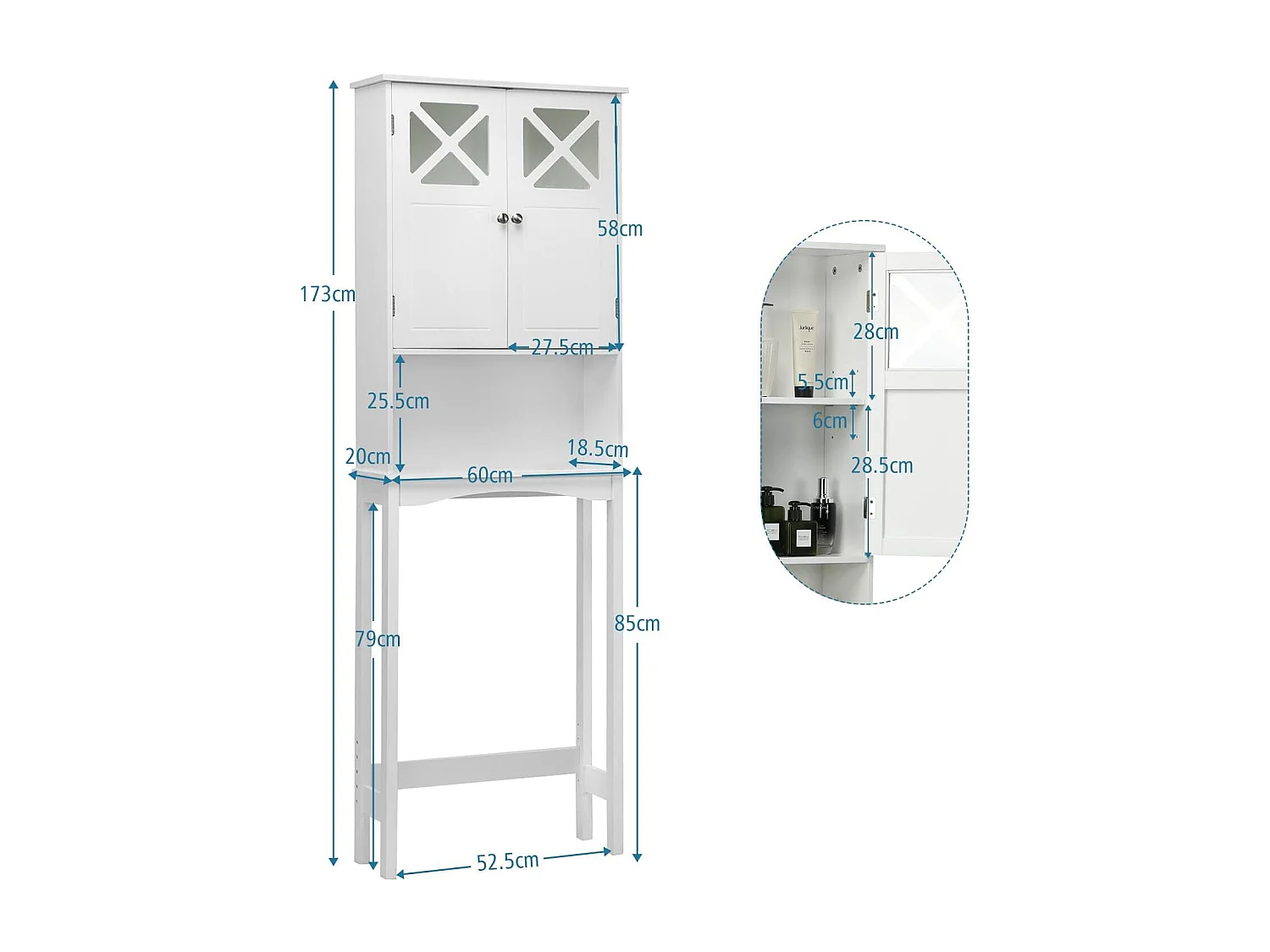Meuble WC au-Dessus des Toilettes Étagère de Rangement de Salle de Bain Hauteur Réglable 2 Portes avec Verre Trempé, Blanc