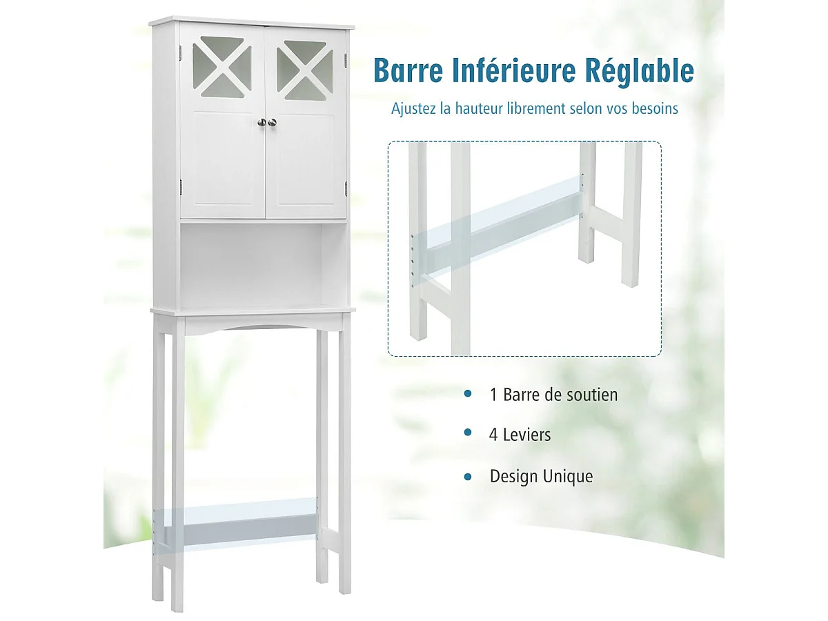 Meuble WC au-Dessus des Toilettes Étagère de Rangement de Salle de Bain Hauteur Réglable 2 Portes avec Verre Trempé, Blanc