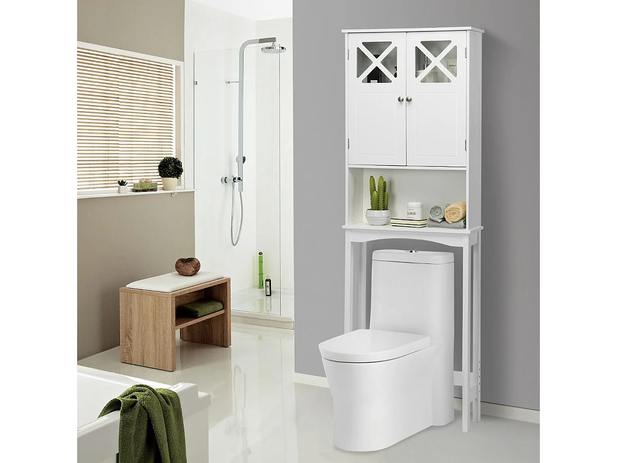 Meuble WC au-Dessus des Toilettes Étagère de Rangement de Salle de Bain Hauteur Réglable 2 Portes avec Verre Trempé, Blanc