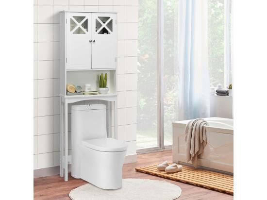 vente unique Meuble WC au-Dessus des Toilettes Étagère de Rangement de Salle de Bain Hauteur Réglable 2 Portes avec Verre Trempé Blanc
