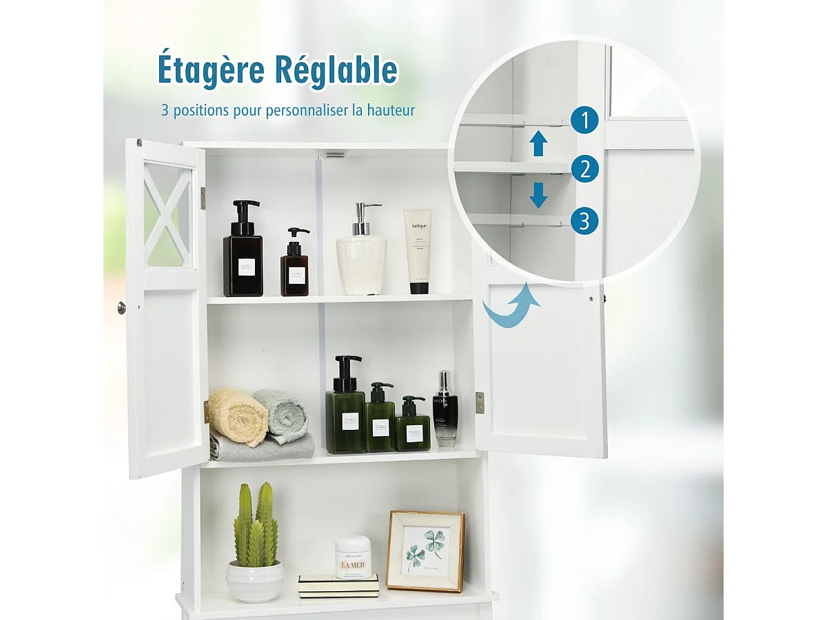 Meuble WC au-Dessus des Toilettes Étagère de Rangement de Salle de Bain Hauteur Réglable 2 Portes avec Verre Trempé, Blanc