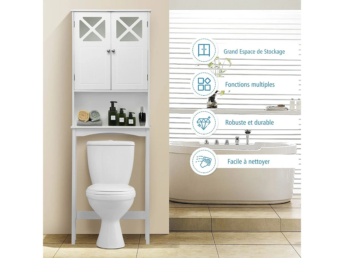 Meuble WC au-Dessus des Toilettes Étagère de Rangement de Salle de Bain Hauteur Réglable 2 Portes avec Verre Trempé, Blanc