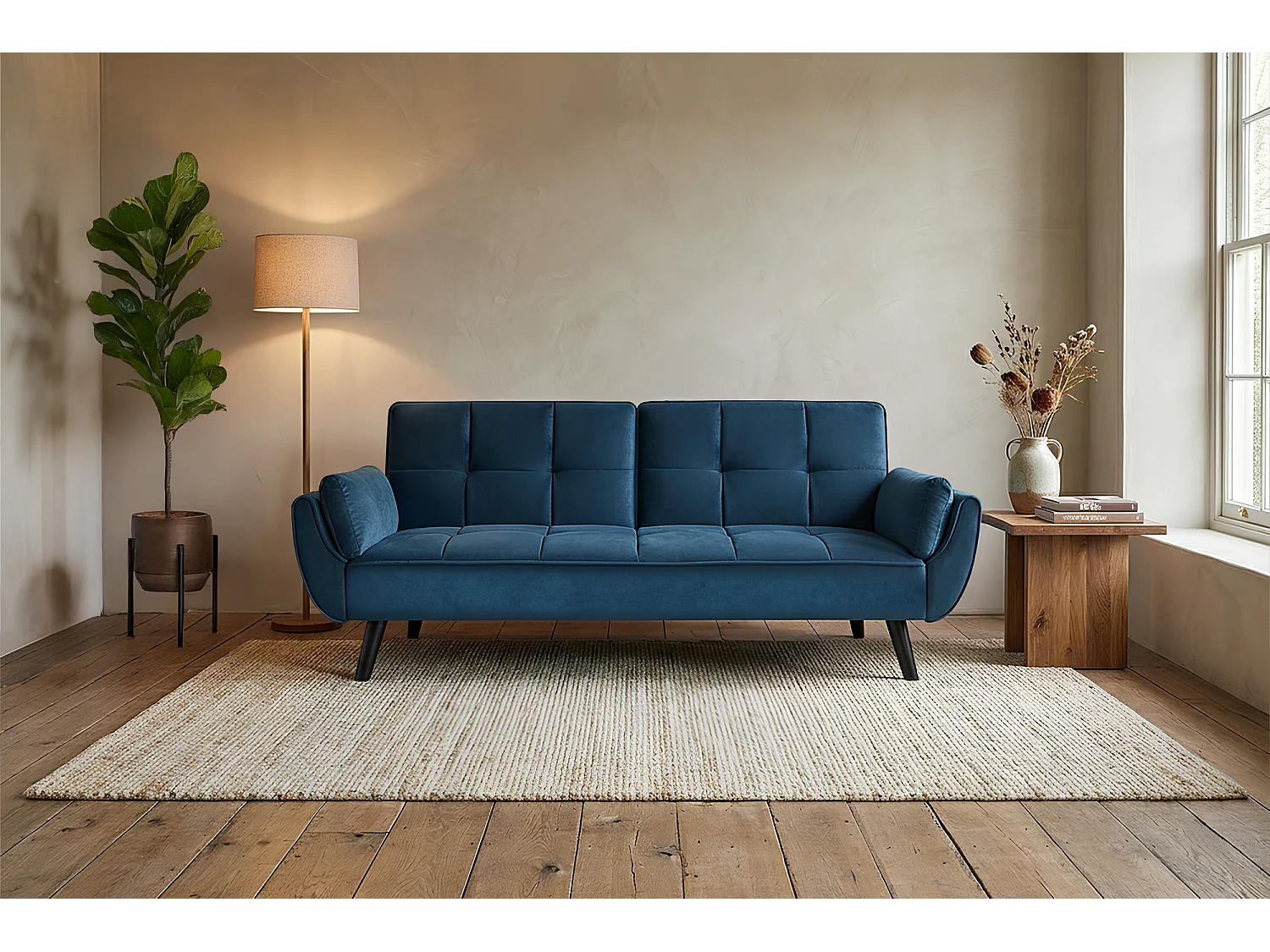Divano letto clic clac in velluto blu piede nero mod. Ambra