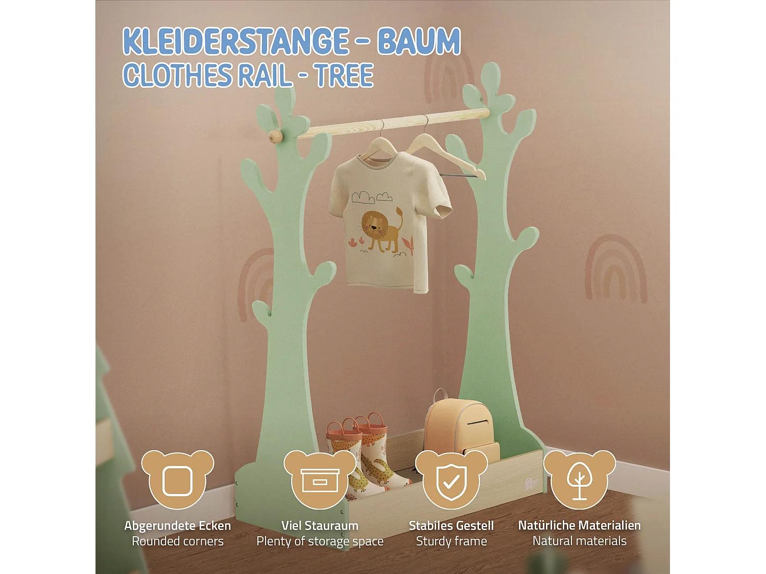 Perchero infantil de pie con balda barra de colgar madera árbol verde-naturaleza