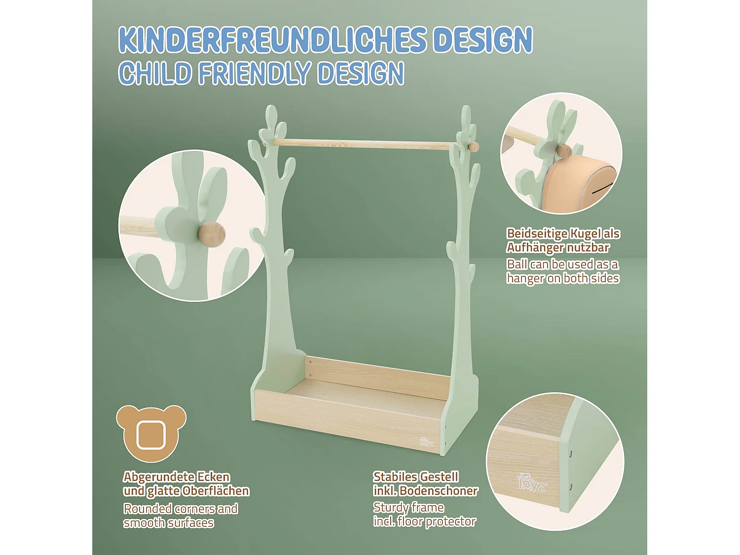 Perchero infantil de pie con balda barra de colgar madera árbol verde-naturaleza