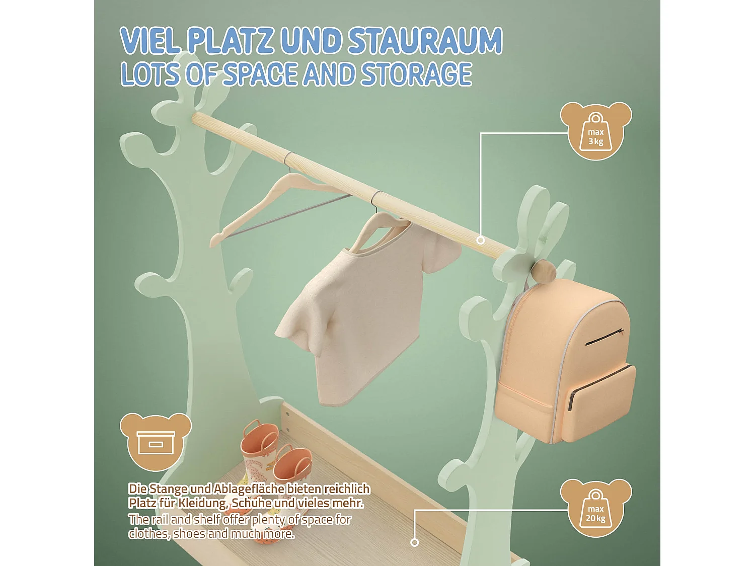 Perchero infantil de pie con balda barra de colgar madera árbol verde-naturaleza