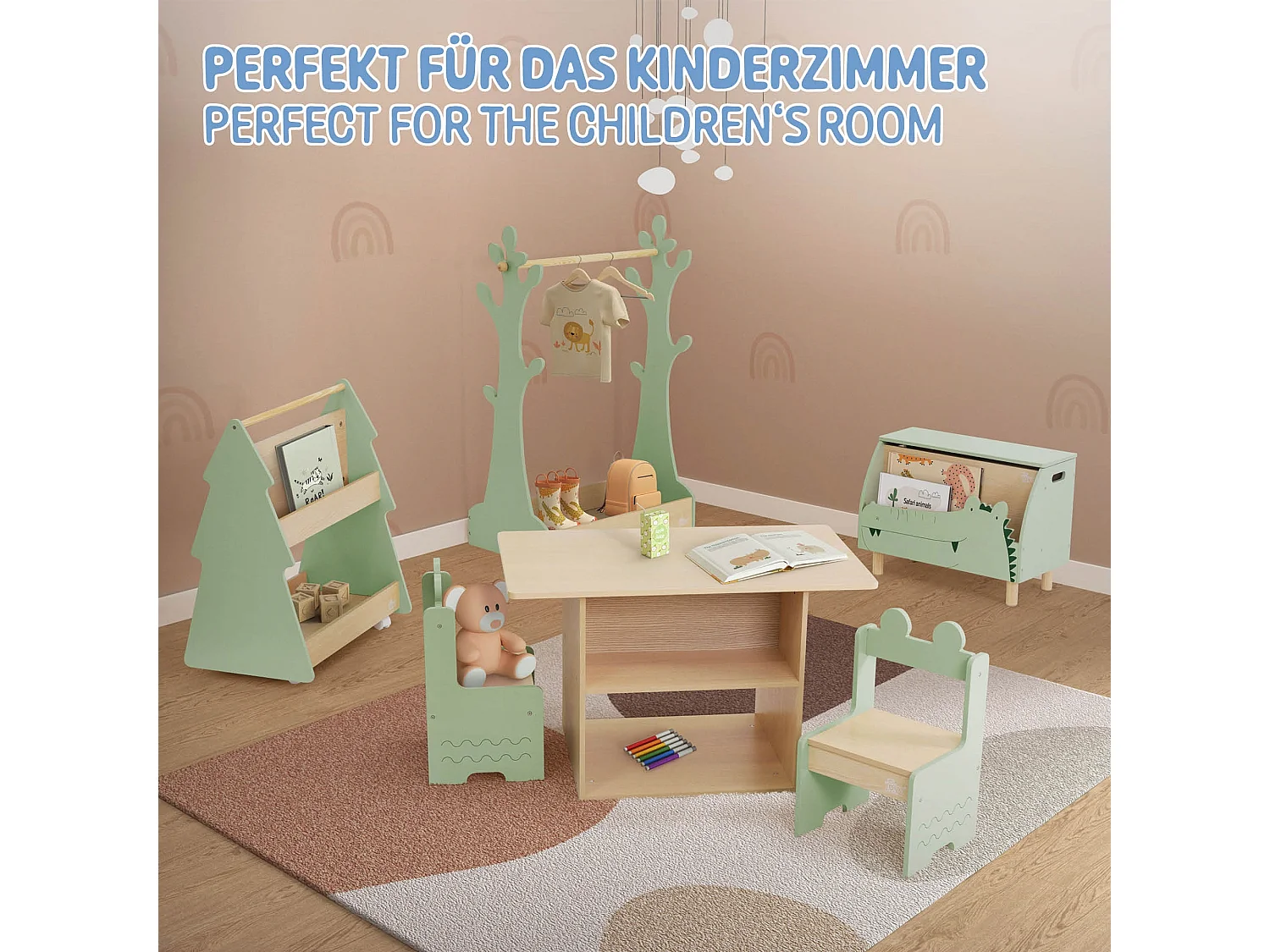 Perchero infantil de pie con balda barra de colgar madera árbol verde-naturaleza