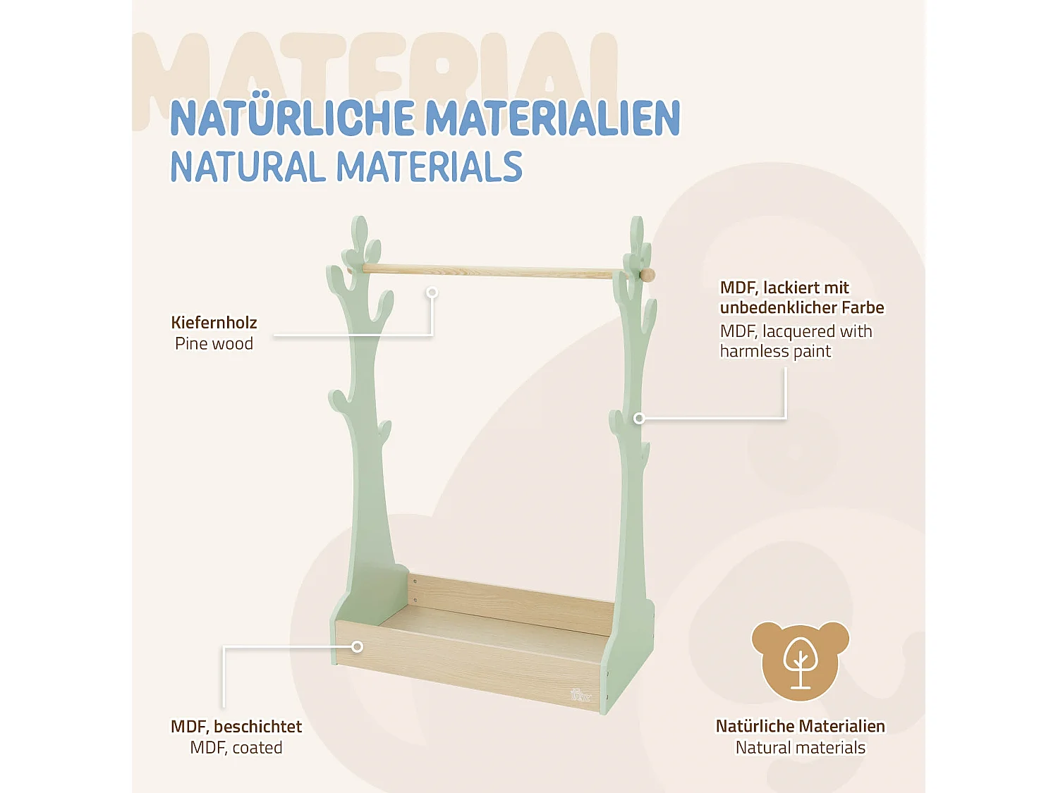 Perchero infantil de pie con balda barra de colgar madera árbol verde-naturaleza