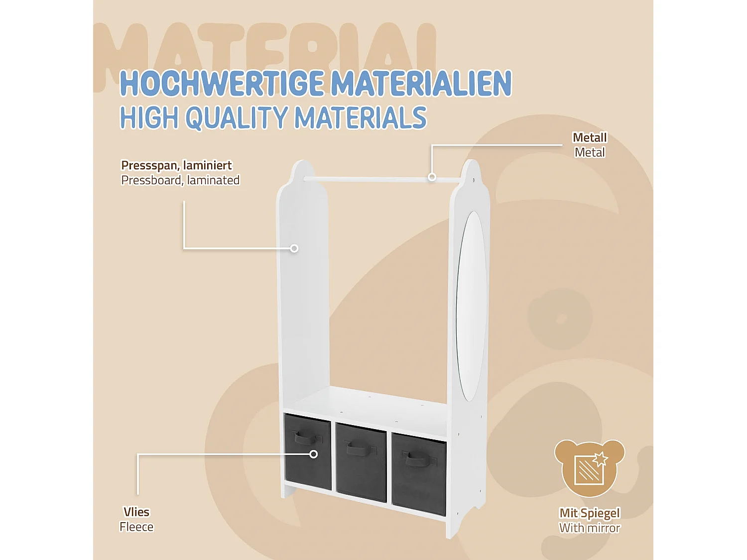 Joyz Portemanteau pour enfants avec étagère tringle 3 compartiments et miroir