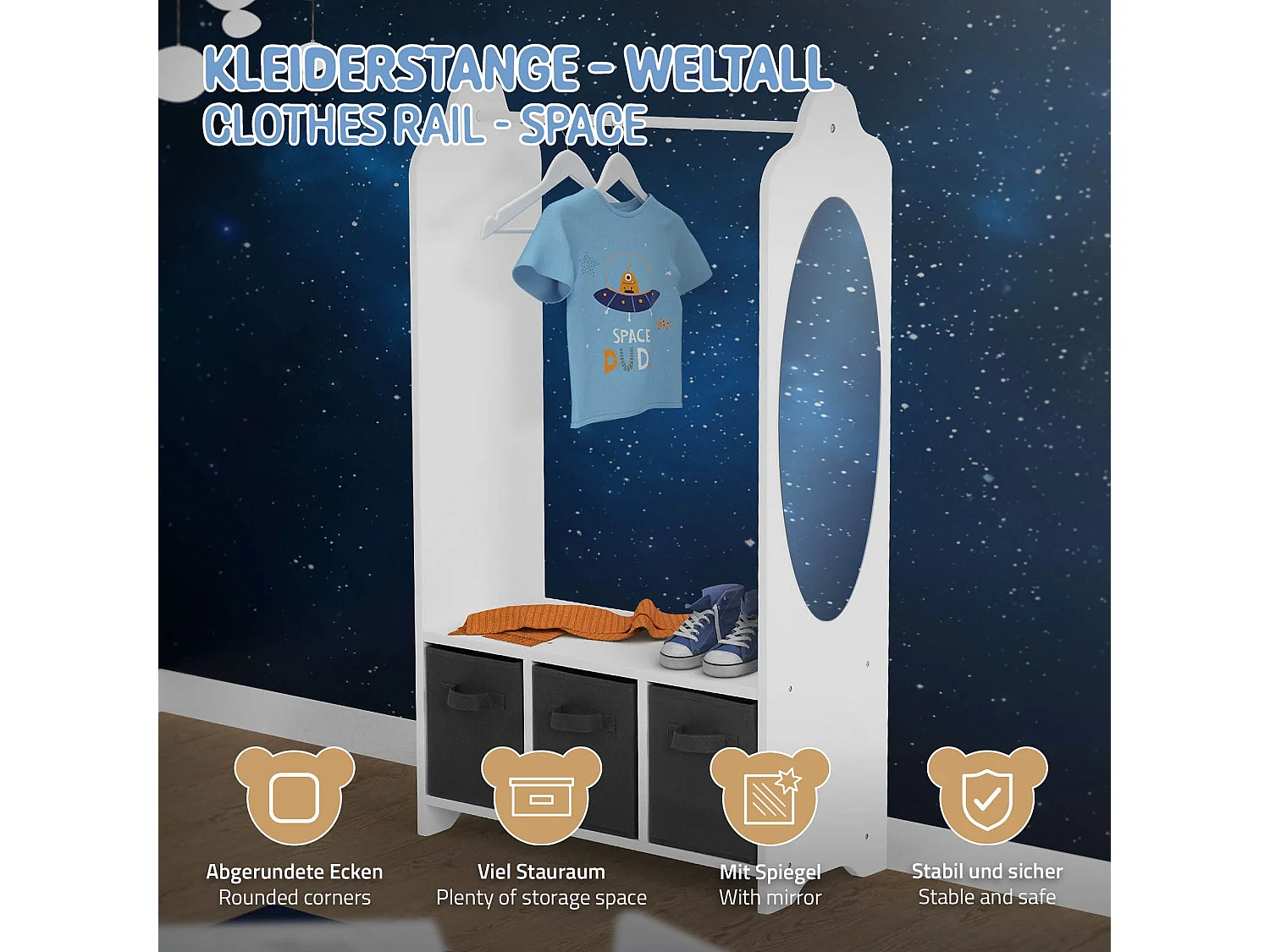 Joyz Portemanteau pour enfants avec étagère tringle 3 compartiments et miroir