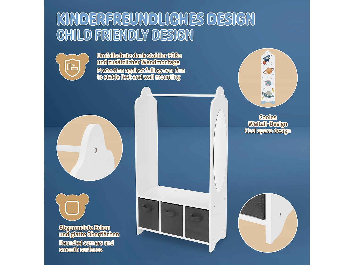 Joyz Portemanteau pour enfants avec étagère tringle 3 compartiments et miroir