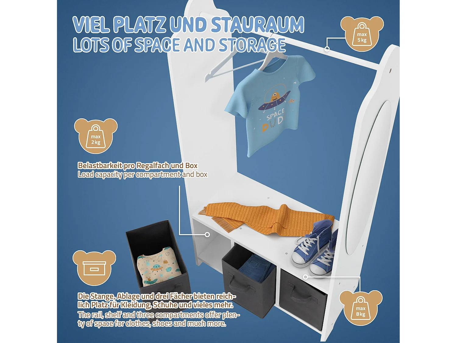 Joyz Portemanteau pour enfants avec étagère tringle 3 compartiments et miroir