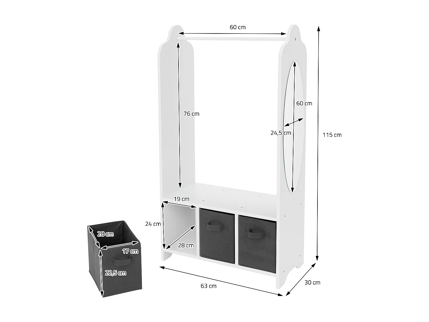 Joyz Portemanteau pour enfants avec étagère tringle 3 compartiments et miroir