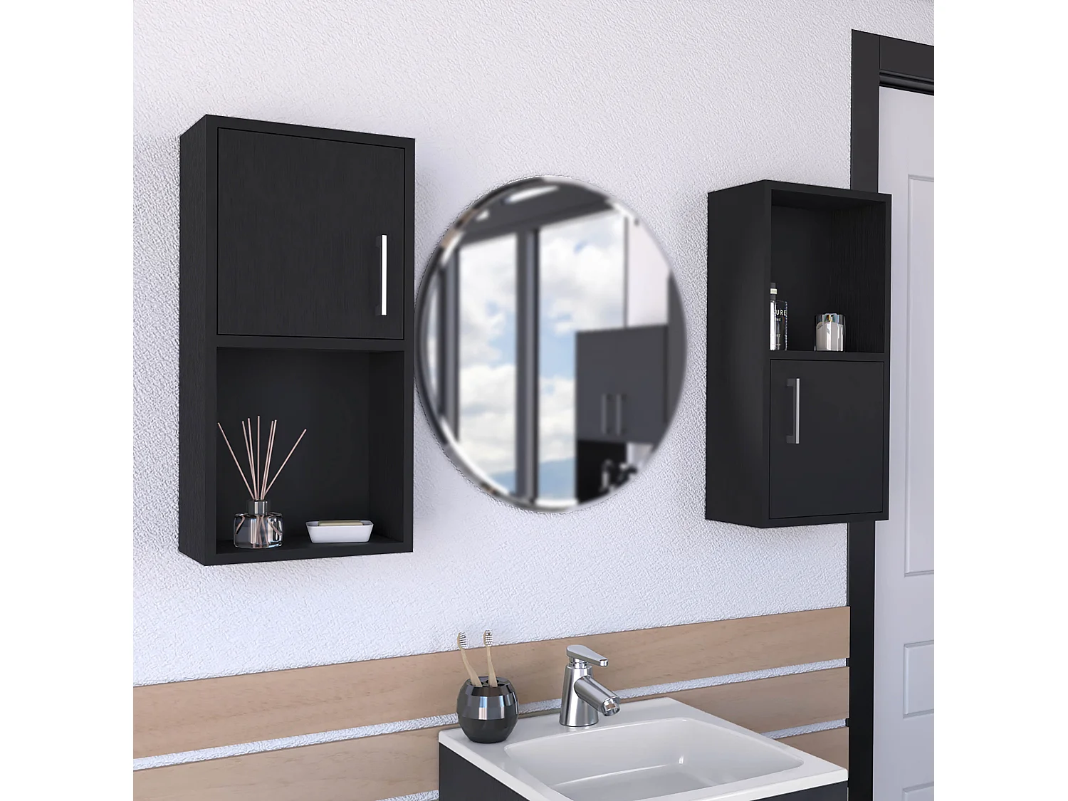 Set de Muebles auxiliares de baño en melamina con 4 estantes y 2 puertas , negro , 60.1 cm X 30 cm X 16 cm