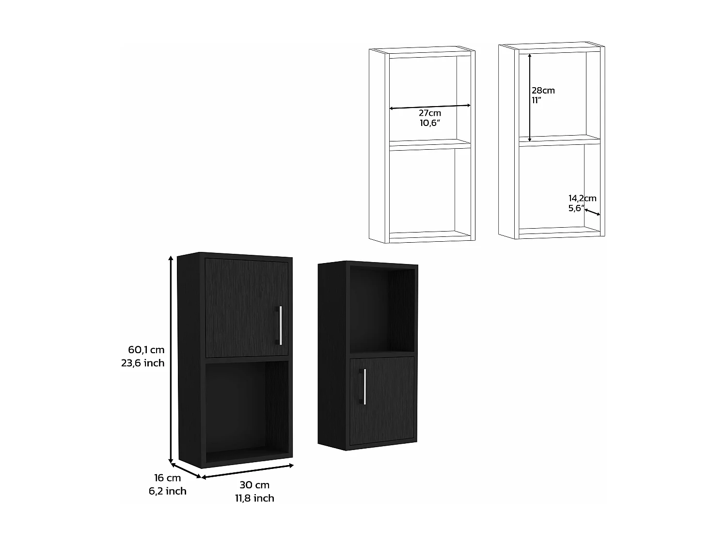 Set de Muebles auxiliares de baño en melamina con 4 estantes y 2 puertas , negro , 60.1 cm X 30 cm X 16 cm