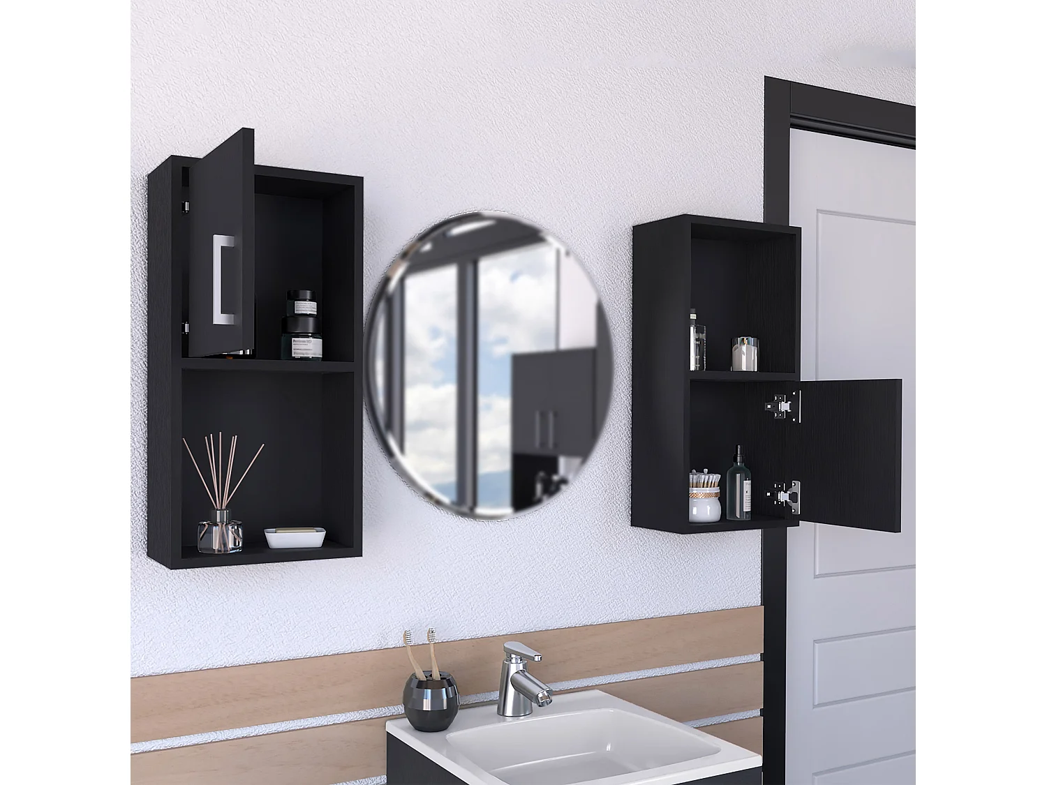 Set de Muebles auxiliares de baño en melamina con 4 estantes y 2 puertas , negro , 60.1 cm X 30 cm X 16 cm