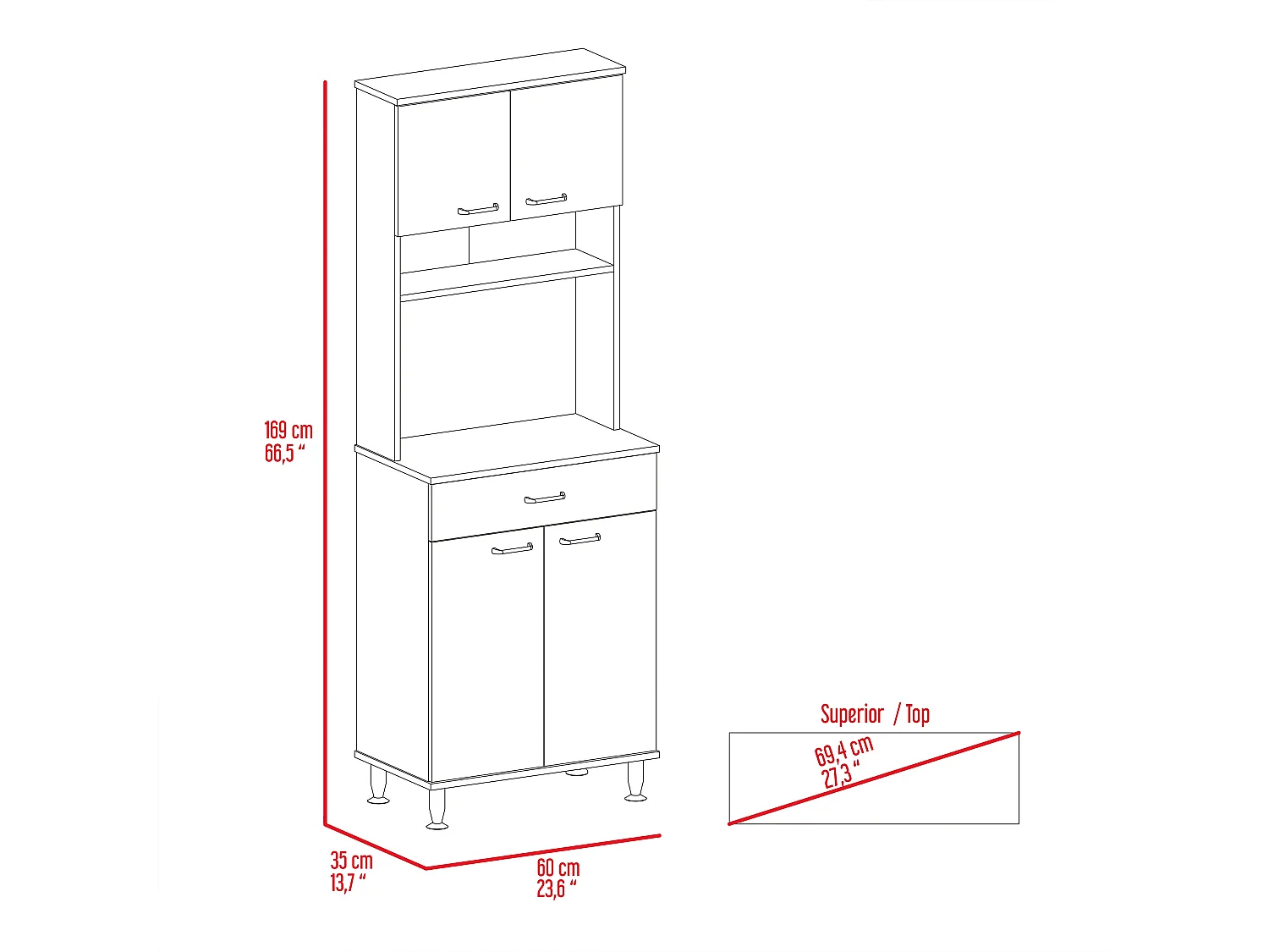 Dispensa Della in melaminico con 5 ripiani, 4 ante, spazio per microonde e 1 cassetto con guida metallica, grigio , 169 cm X 60 cm X 35 cm