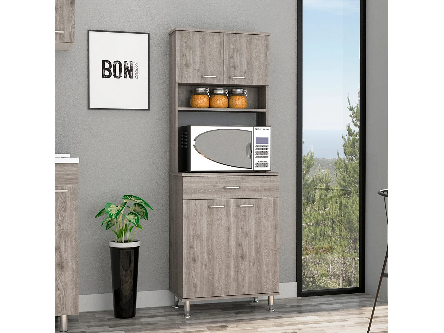 Dispensa Della in melaminico con 5 ripiani, 4 ante, spazio per microonde e 1 cassetto con guida metallica, grigio , 169 cm X 60 cm X 35 cm