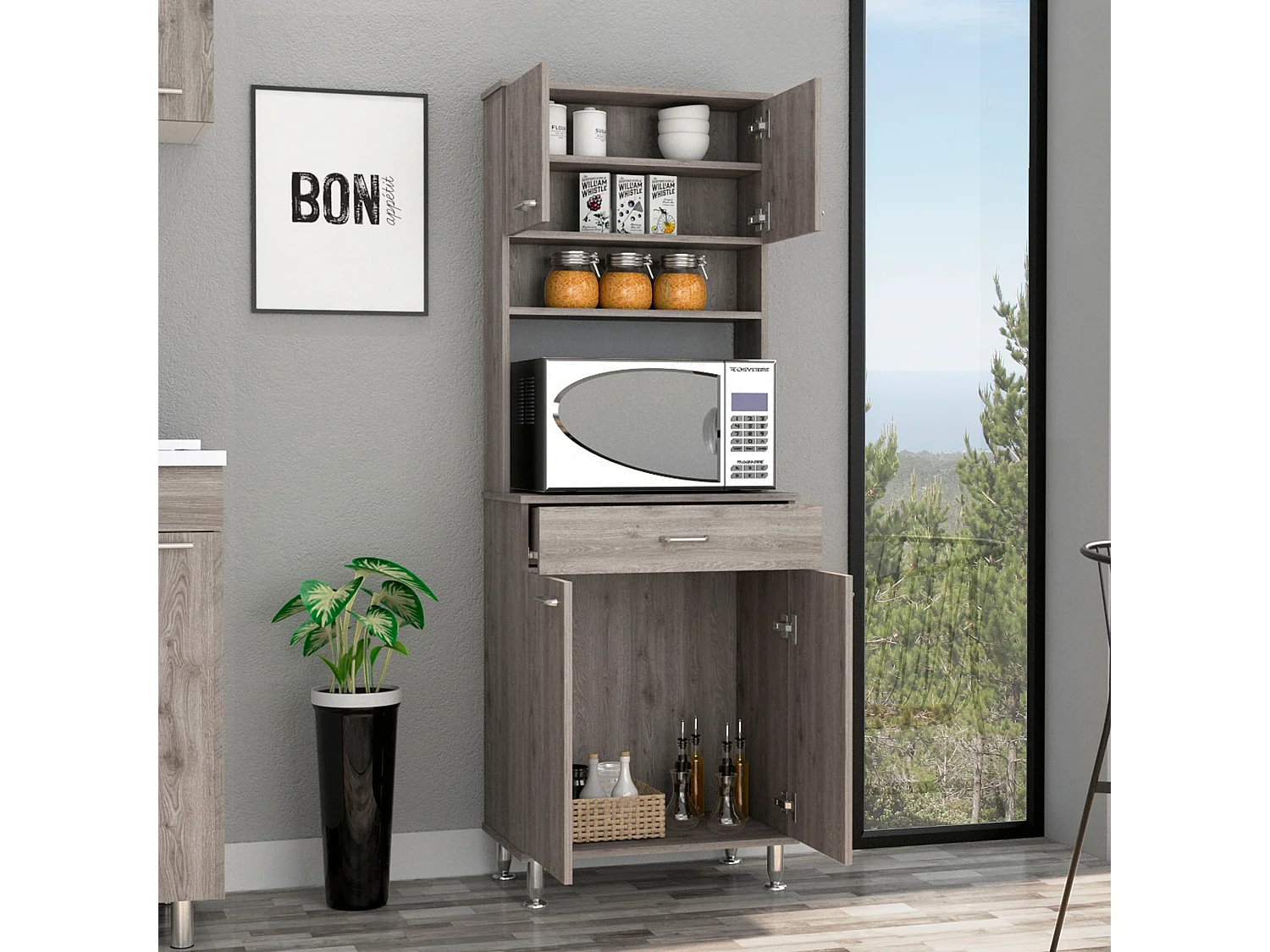 Dispensa Della in melaminico con 5 ripiani, 4 ante, spazio per microonde e 1 cassetto con guida metallica, grigio , 169 cm X 60 cm X 35 cm