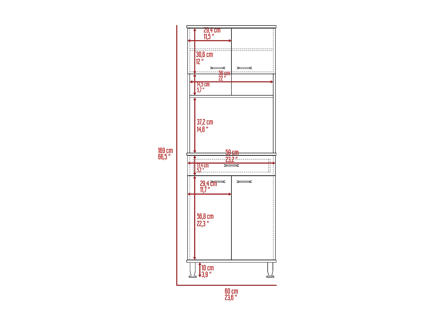 Dispensa Della in melaminico con 5 ripiani, 4 ante, spazio per microonde e 1 cassetto con guida metallica, grigio , 169 cm X 60 cm X 35 cm
