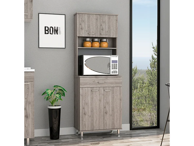 Dispensa Della in melaminico con 5 ripiani, 4 ante, spazio per microonde e 1 cassetto con guida metallica, grigio , 169 cm X 60 cm X 35 cm