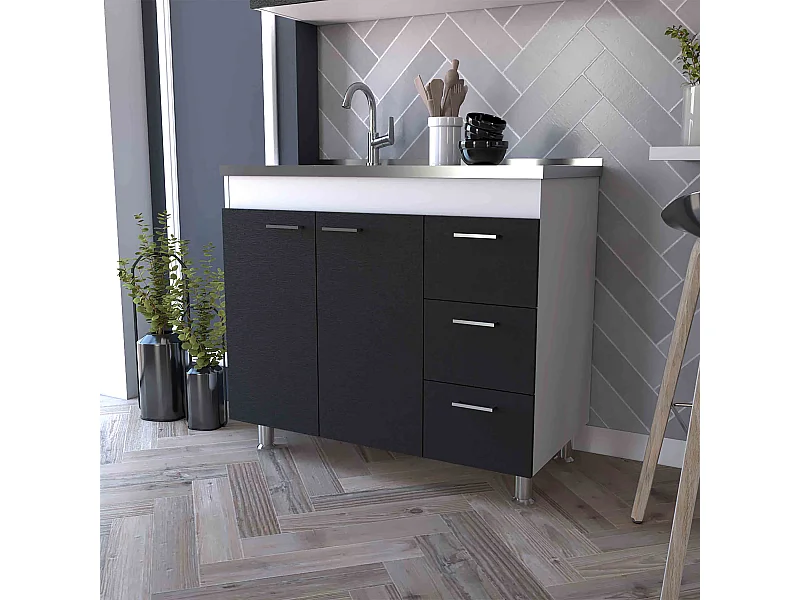 Base Ferreti in melaminico con 3 cassetti, 2 ante e piano di lavoro in acciaio inox, multicolore, 90 cm X 100 cm X 52.5 cm