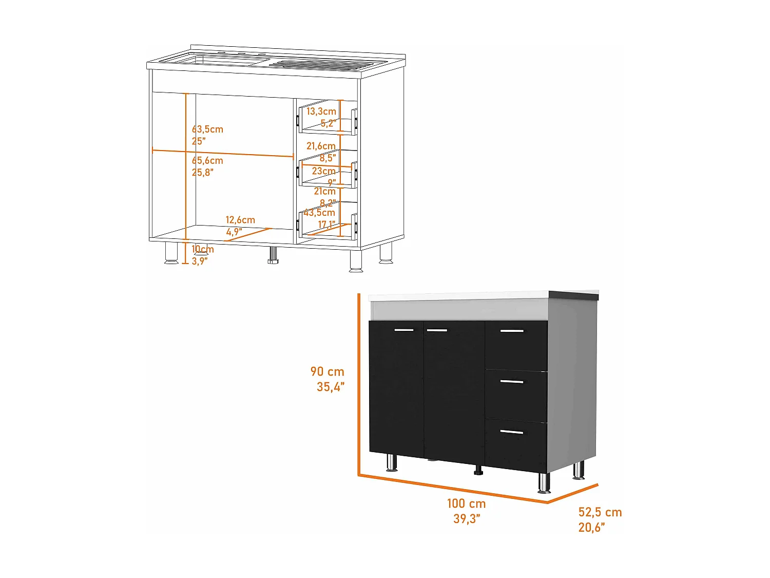 Meuble bas Ferreti en mélamine avec 3 tiroirs, 2 portes et plan de travail en acier inoxydable, multicolore, 90 cm X 100 cm X 52.5 cm