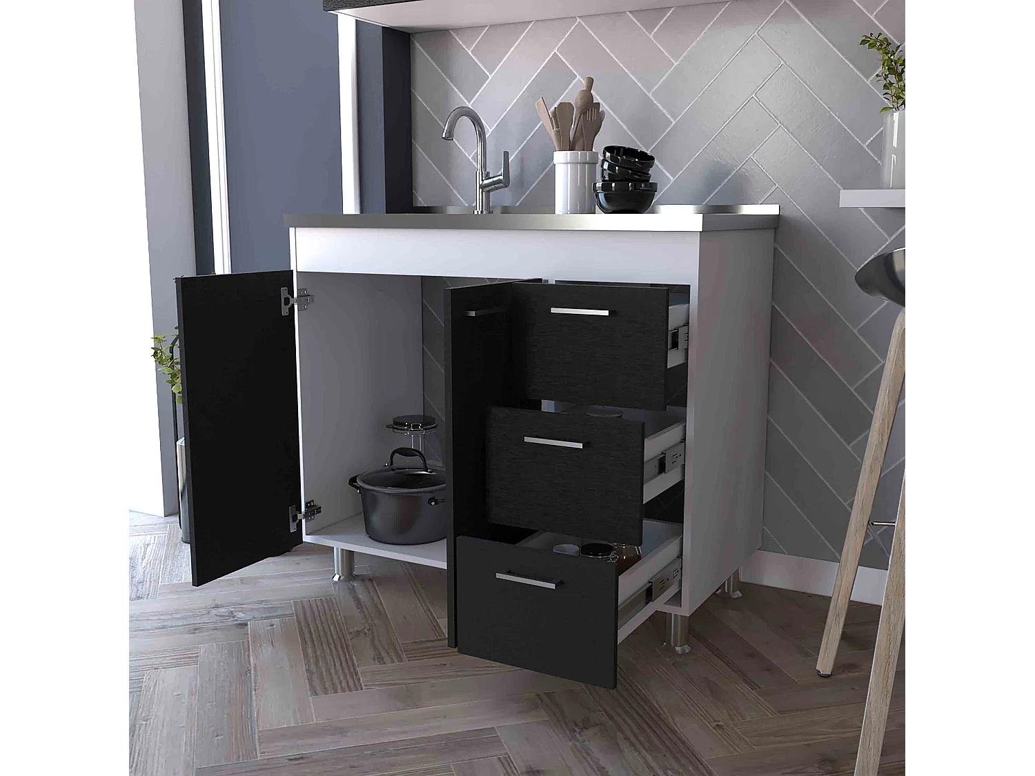 Meuble bas Ferreti en mélamine avec 3 tiroirs, 2 portes et plan de travail en acier inoxydable, multicolore, 90 cm X 100 cm X 52.5 cm