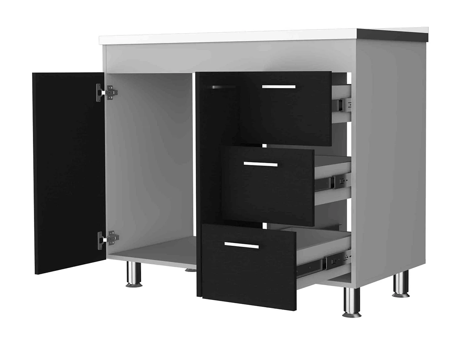 Meuble bas Ferreti en mélamine avec 3 tiroirs, 2 portes et plan de travail en acier inoxydable, multicolore, 90 cm X 100 cm X 52.5 cm