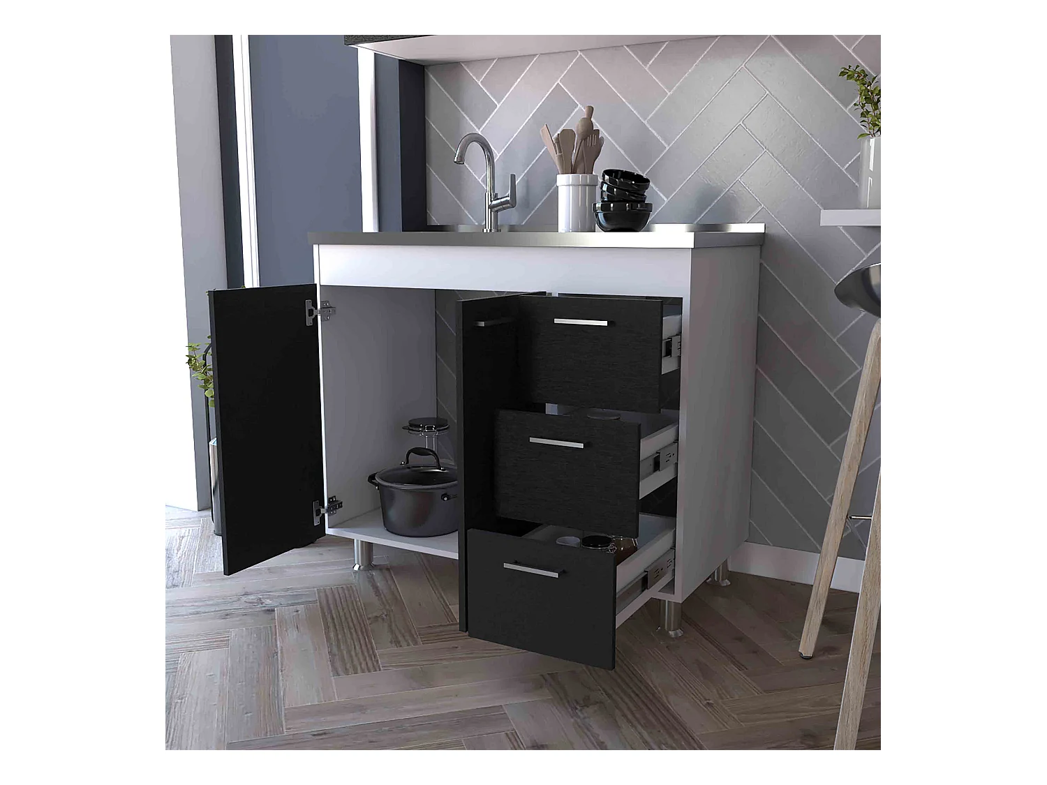 Base Ferreti in melaminico con 3 cassetti, 2 ante e piano di lavoro in acciaio inox, multicolore, 90 cm X 100 cm X 52.5 cm