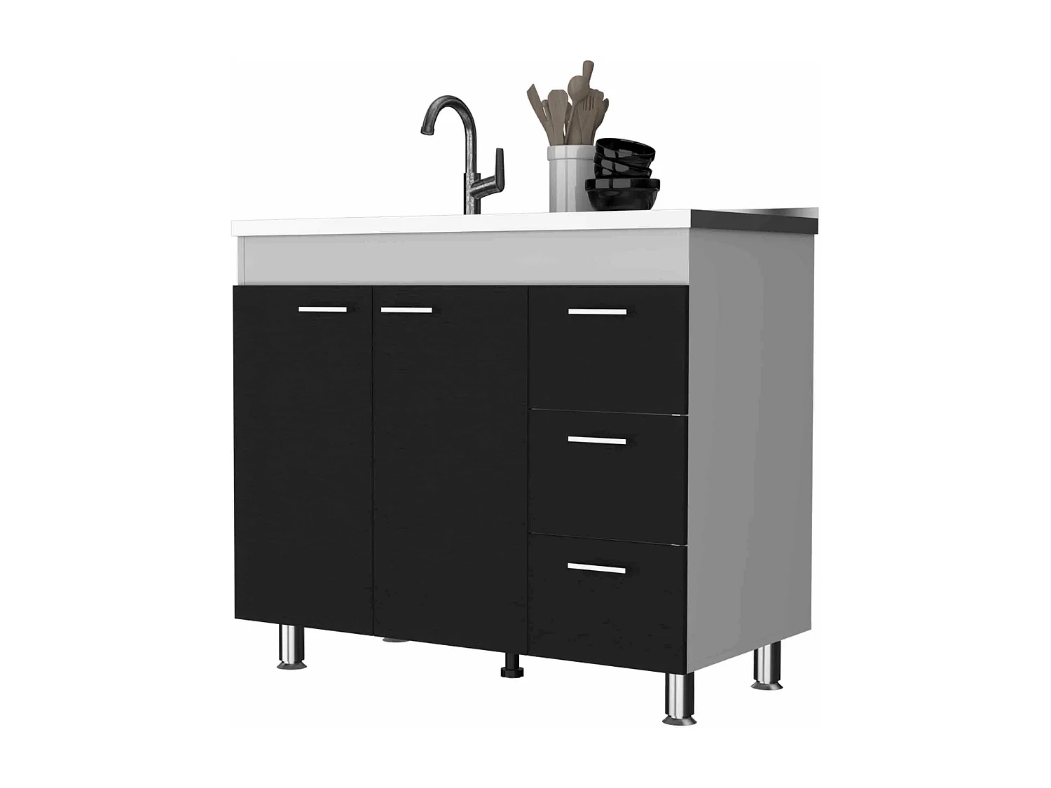 Base Ferreti in melaminico con 3 cassetti, 2 ante e piano di lavoro in acciaio inox, multicolore, 90 cm X 100 cm X 52.5 cm