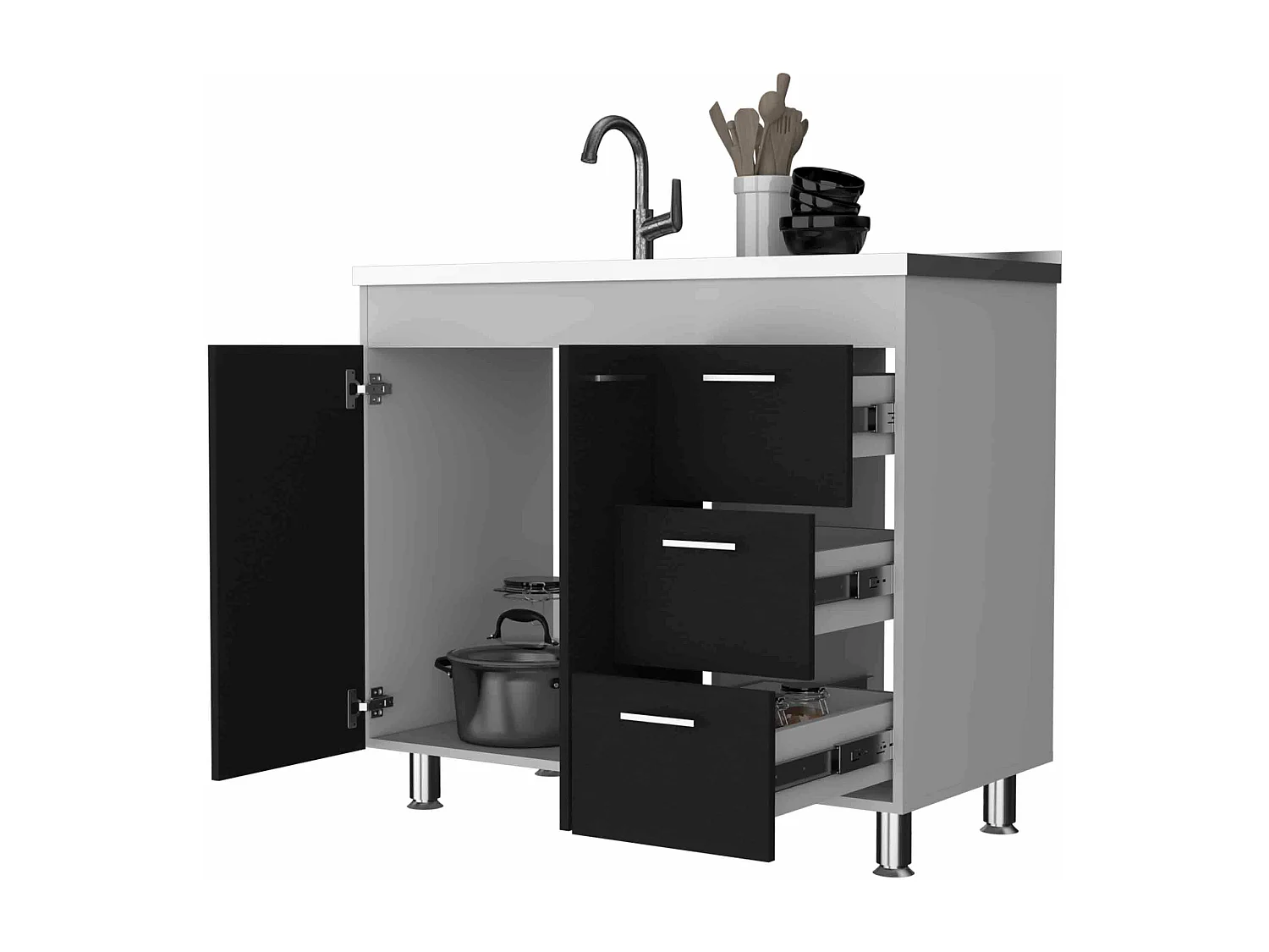 Base Ferreti in melaminico con 3 cassetti, 2 ante e piano di lavoro in acciaio inox, multicolore, 90 cm X 100 cm X 52.5 cm