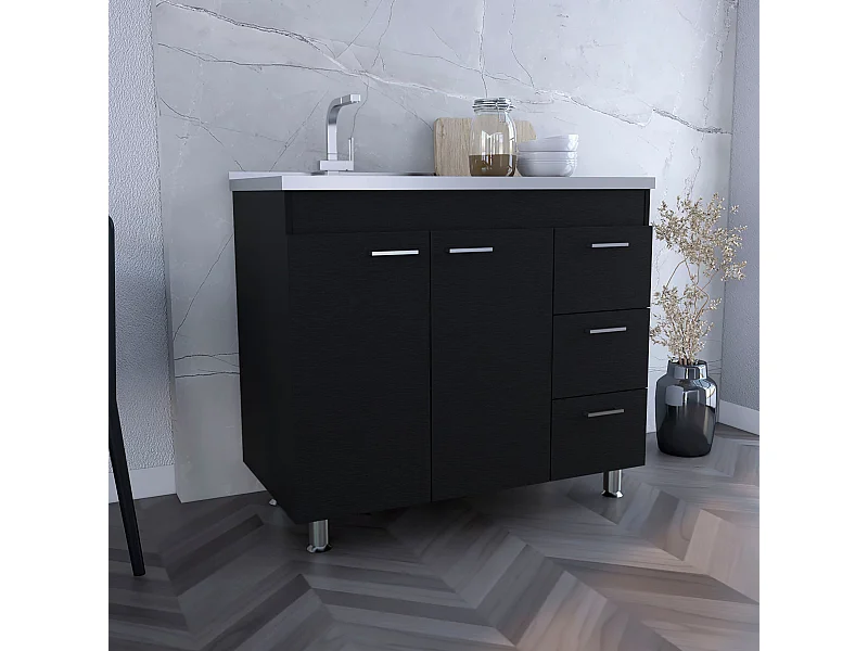 Base Ferreti in melaminico con 3 cassetti, 2 ante e piano di lavoro in acciaio inox, nero, 90 cm X 100 cm X 52.5 cm