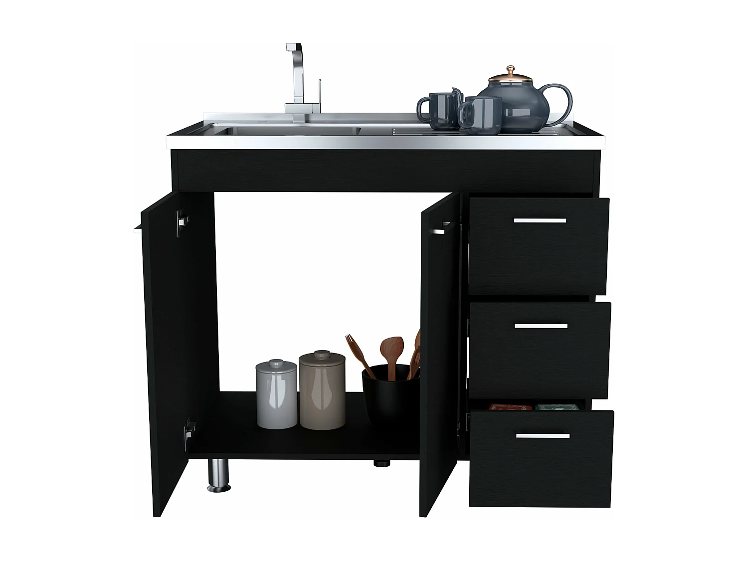 Meuble bas Ferreti en mélamine avec 3 tiroirs, 2 portes et plan de travail en acier inoxydable, noir, 90 cm X 100 cm X 52.5 cm