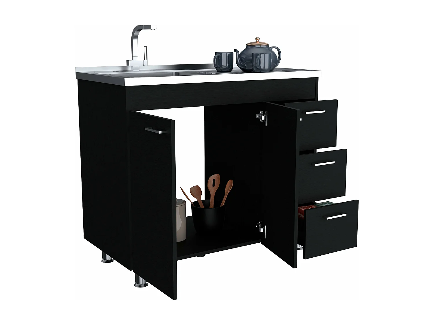 Meuble bas Ferreti en mélamine avec 3 tiroirs, 2 portes et plan de travail en acier inoxydable, noir, 90 cm X 100 cm X 52.5 cm