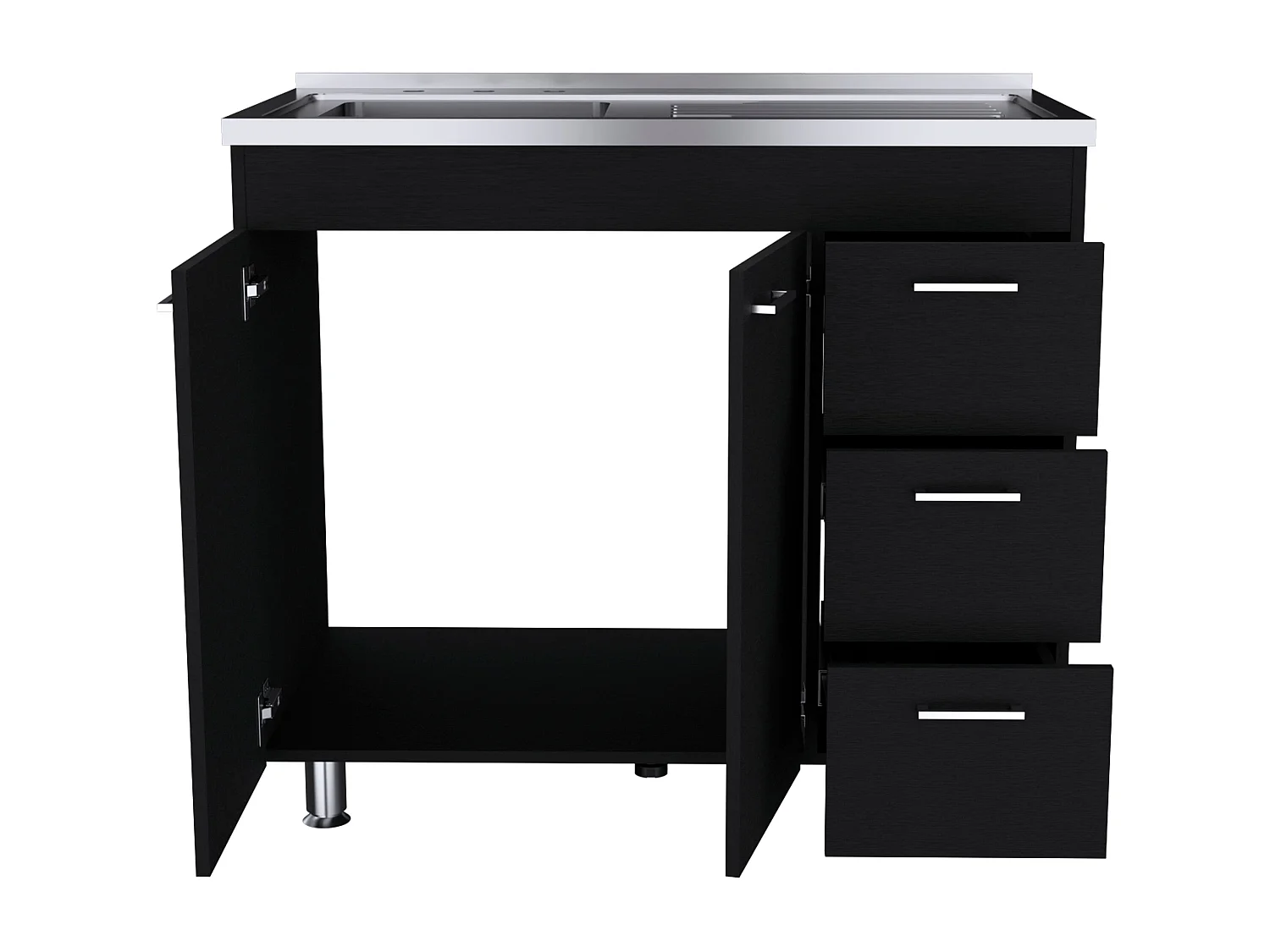 Meuble bas Ferreti en mélamine avec 3 tiroirs, 2 portes et plan de travail en acier inoxydable, noir, 90 cm X 100 cm X 52.5 cm