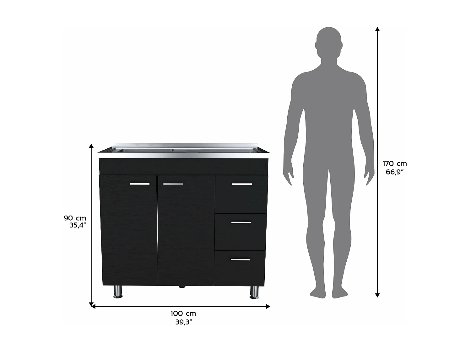 Meuble bas Ferreti en mélamine avec 3 tiroirs, 2 portes et plan de travail en acier inoxydable, noir, 90 cm X 100 cm X 52.5 cm