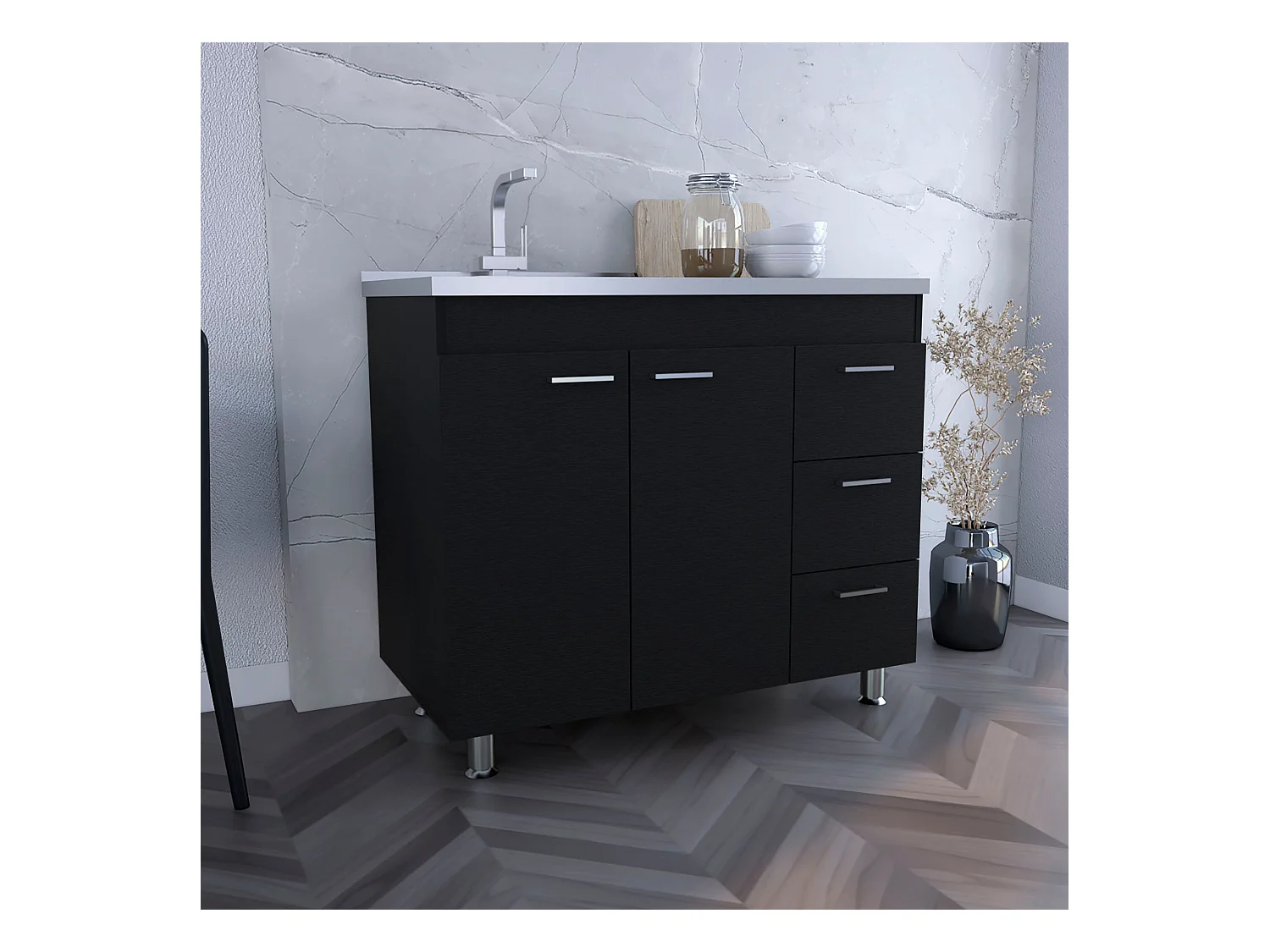 Base Ferreti in melaminico con 3 cassetti, 2 ante e piano di lavoro in acciaio inox, nero, 90 cm X 100 cm X 52.5 cm