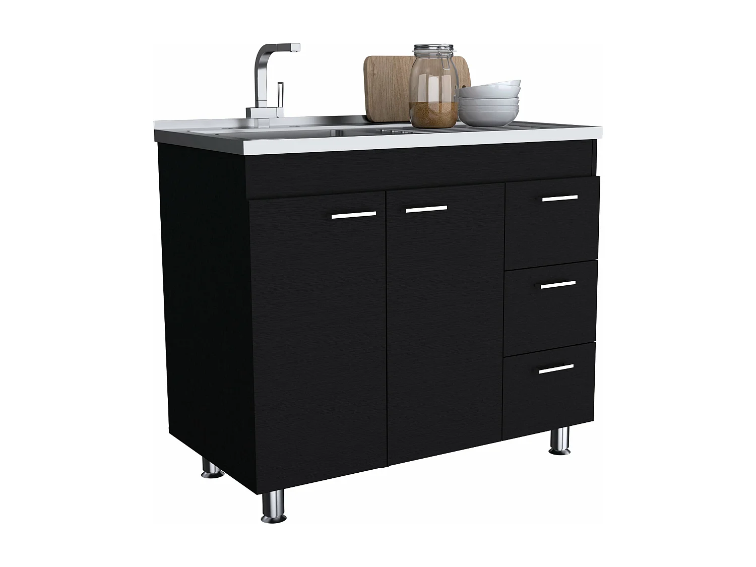 Base Ferreti in melaminico con 3 cassetti, 2 ante e piano di lavoro in acciaio inox, nero, 90 cm X 100 cm X 52.5 cm