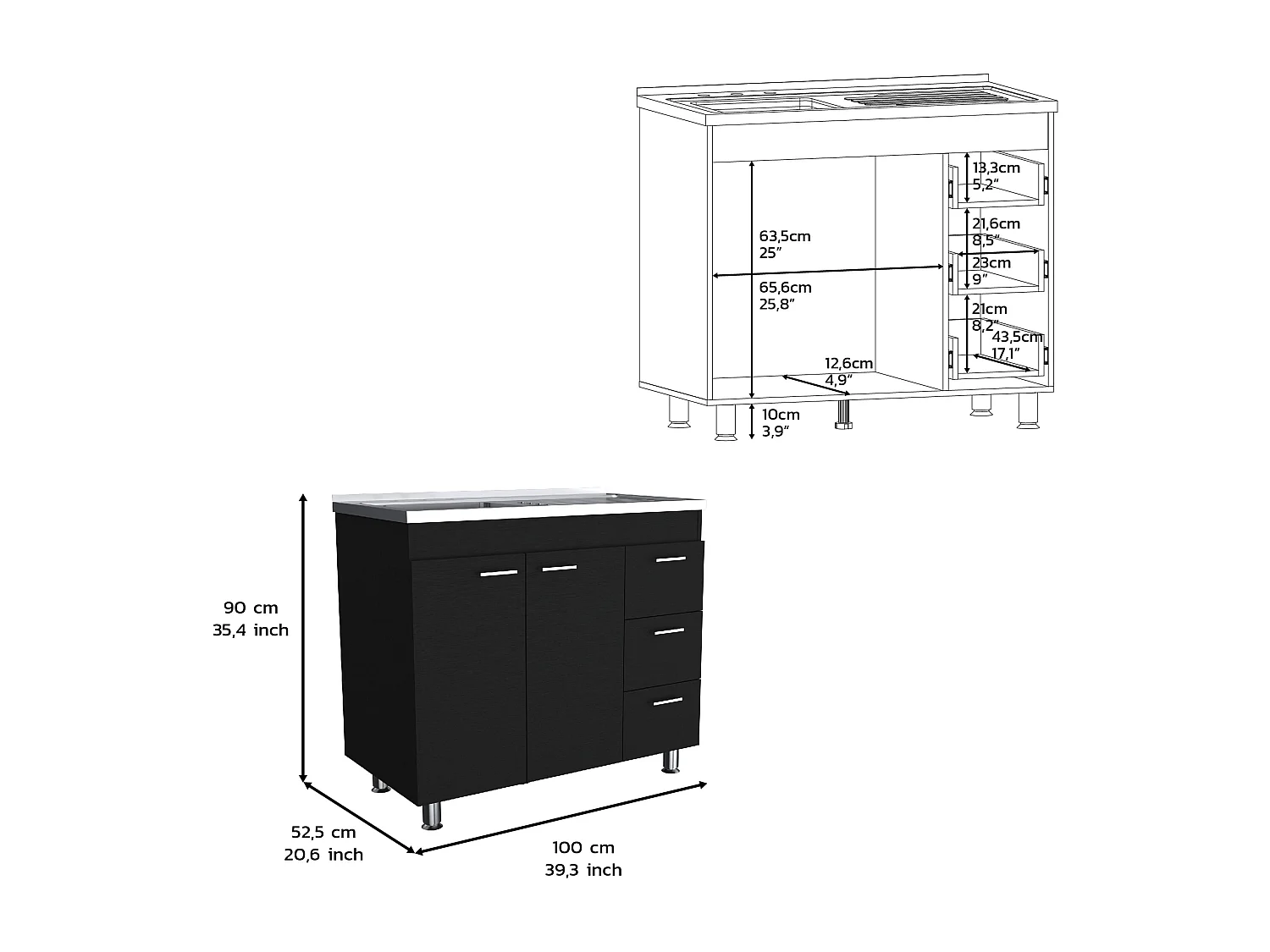 Base Ferreti in melaminico con 3 cassetti, 2 ante e piano di lavoro in acciaio inox, nero, 90 cm X 100 cm X 52.5 cm
