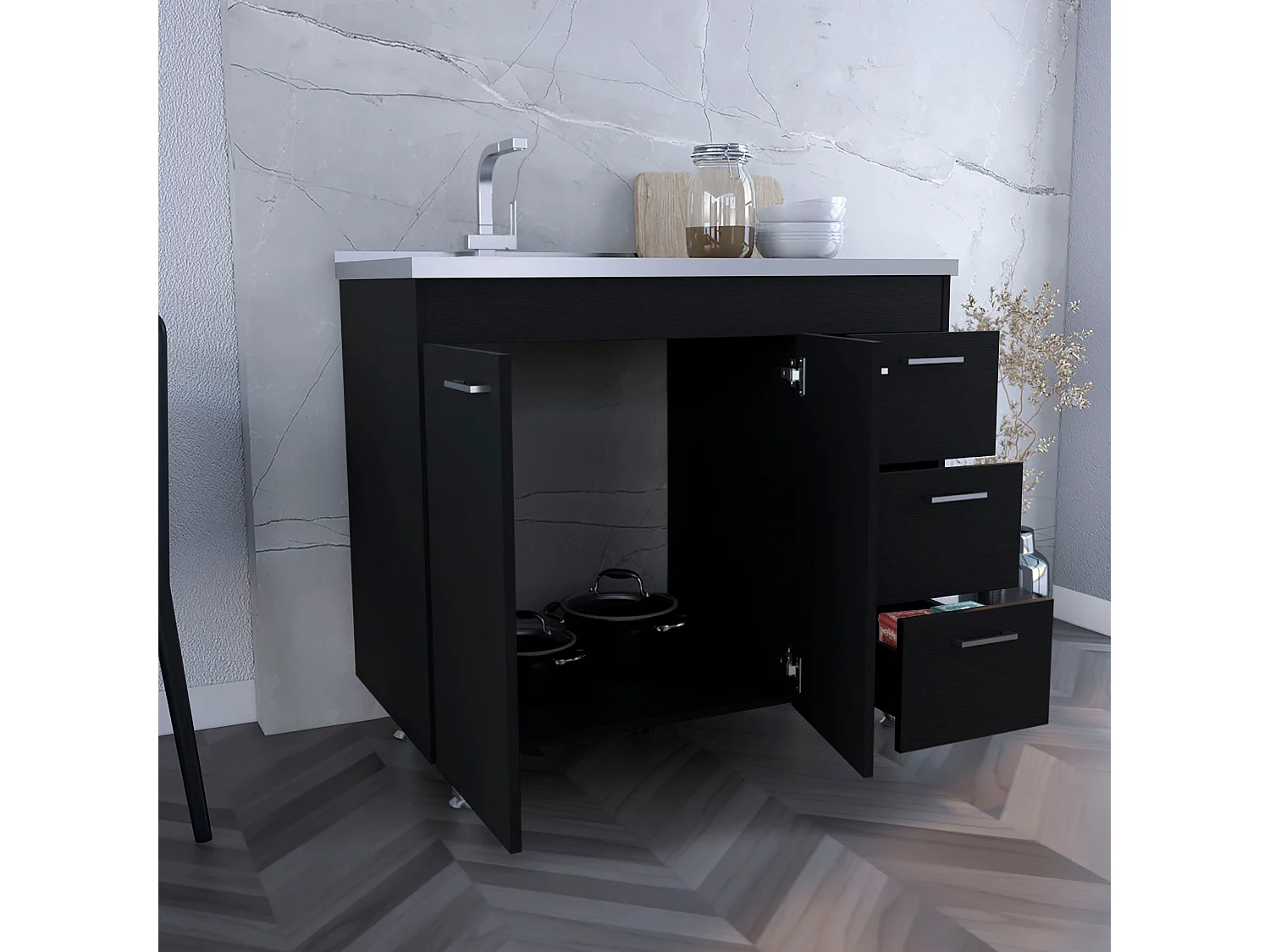 Base Ferreti in melaminico con 3 cassetti, 2 ante e piano di lavoro in acciaio inox, nero, 90 cm X 100 cm X 52.5 cm