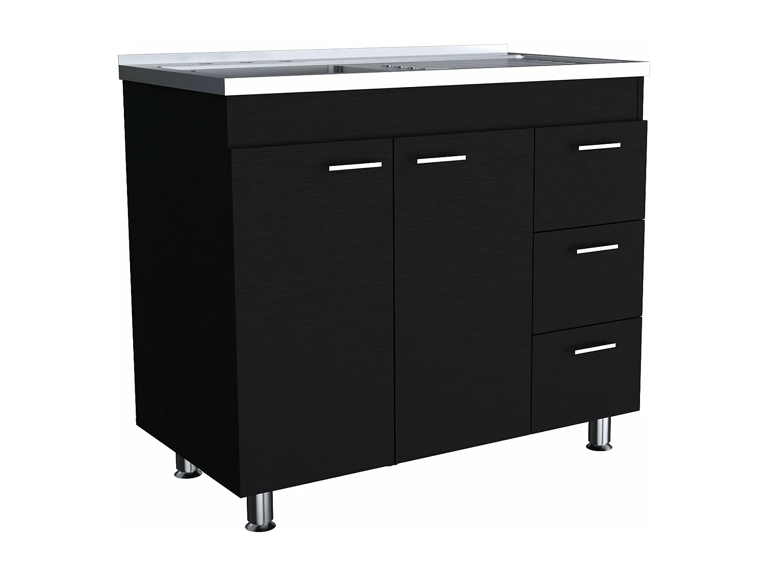 Base Ferreti in melaminico con 3 cassetti, 2 ante e piano di lavoro in acciaio inox, nero, 90 cm X 100 cm X 52.5 cm