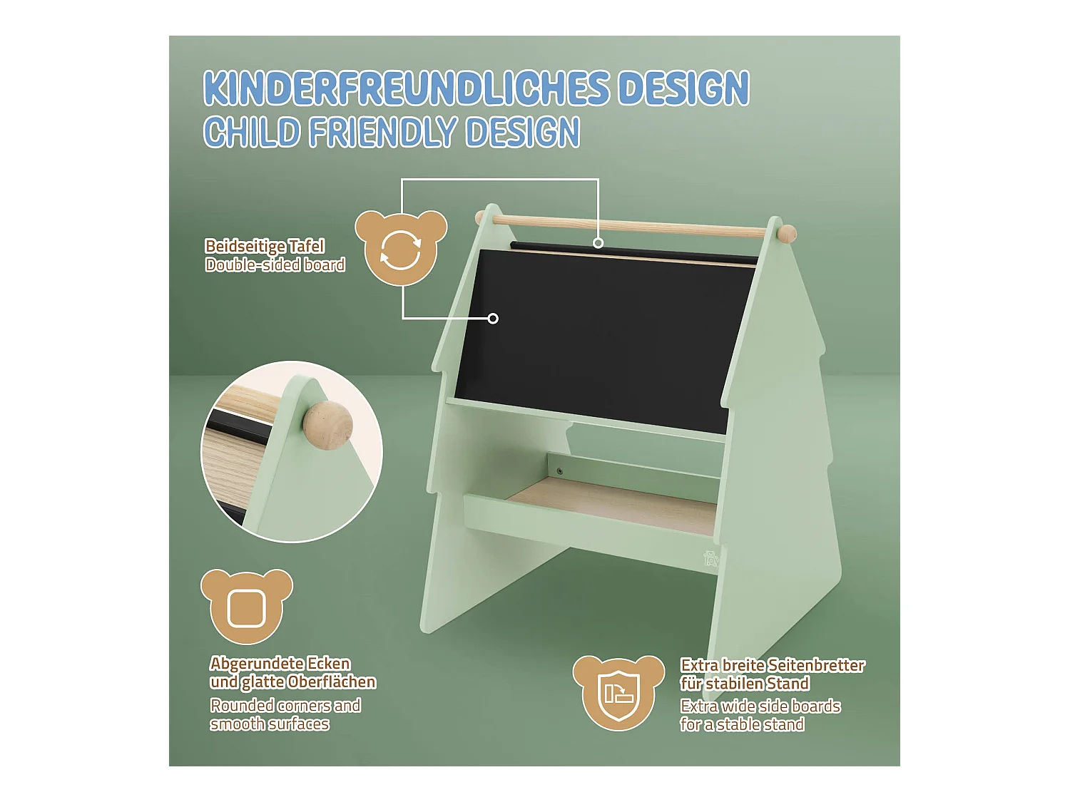 Lavagna bifacciale per bambini in legno verde con design ad abete portaoggetti