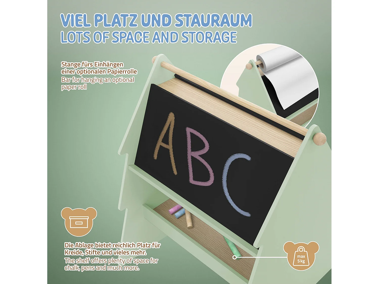 Lavagna bifacciale per bambini in legno verde con design ad abete portaoggetti