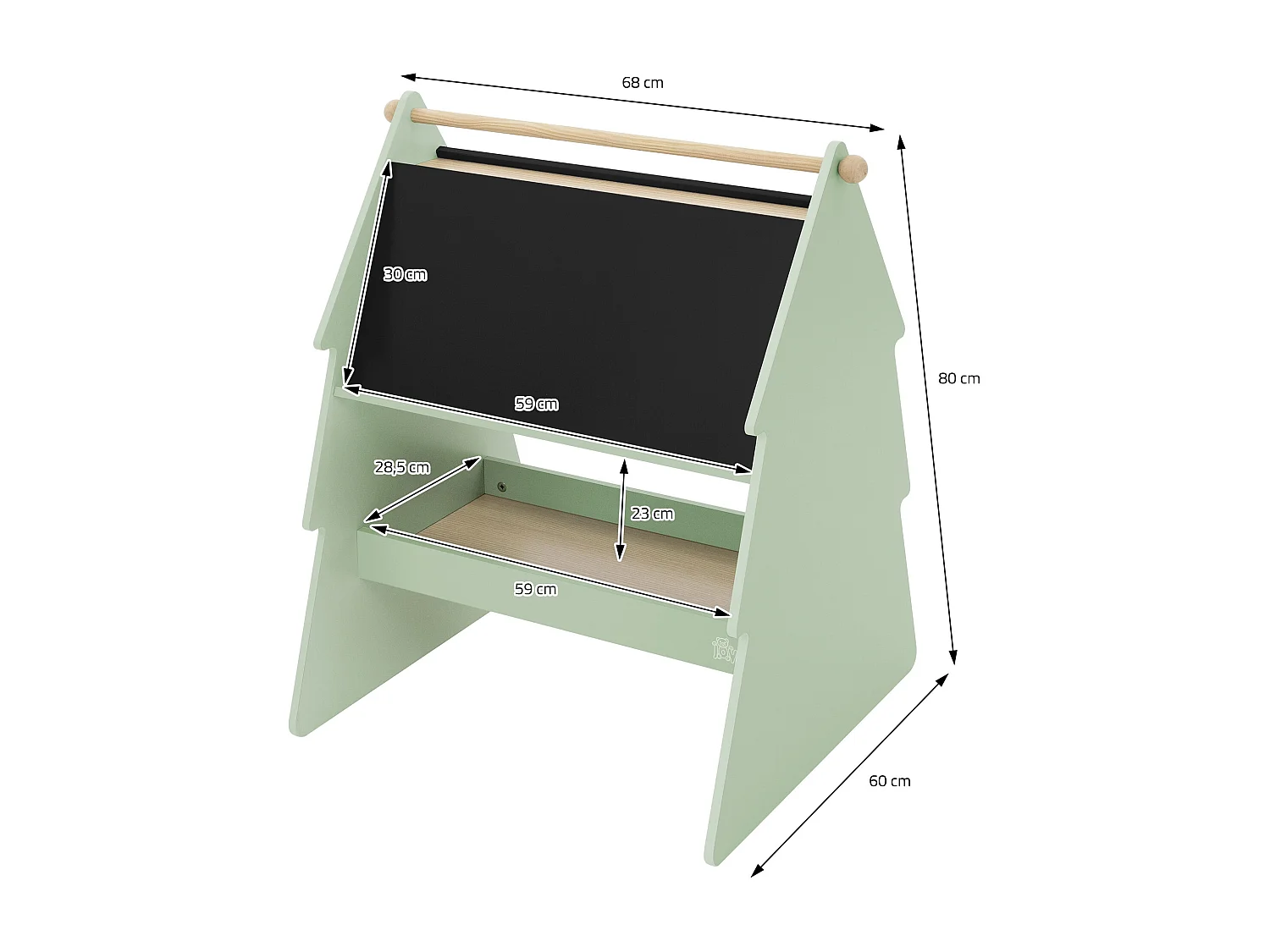 Lavagna bifacciale per bambini in legno verde con design ad abete portaoggetti