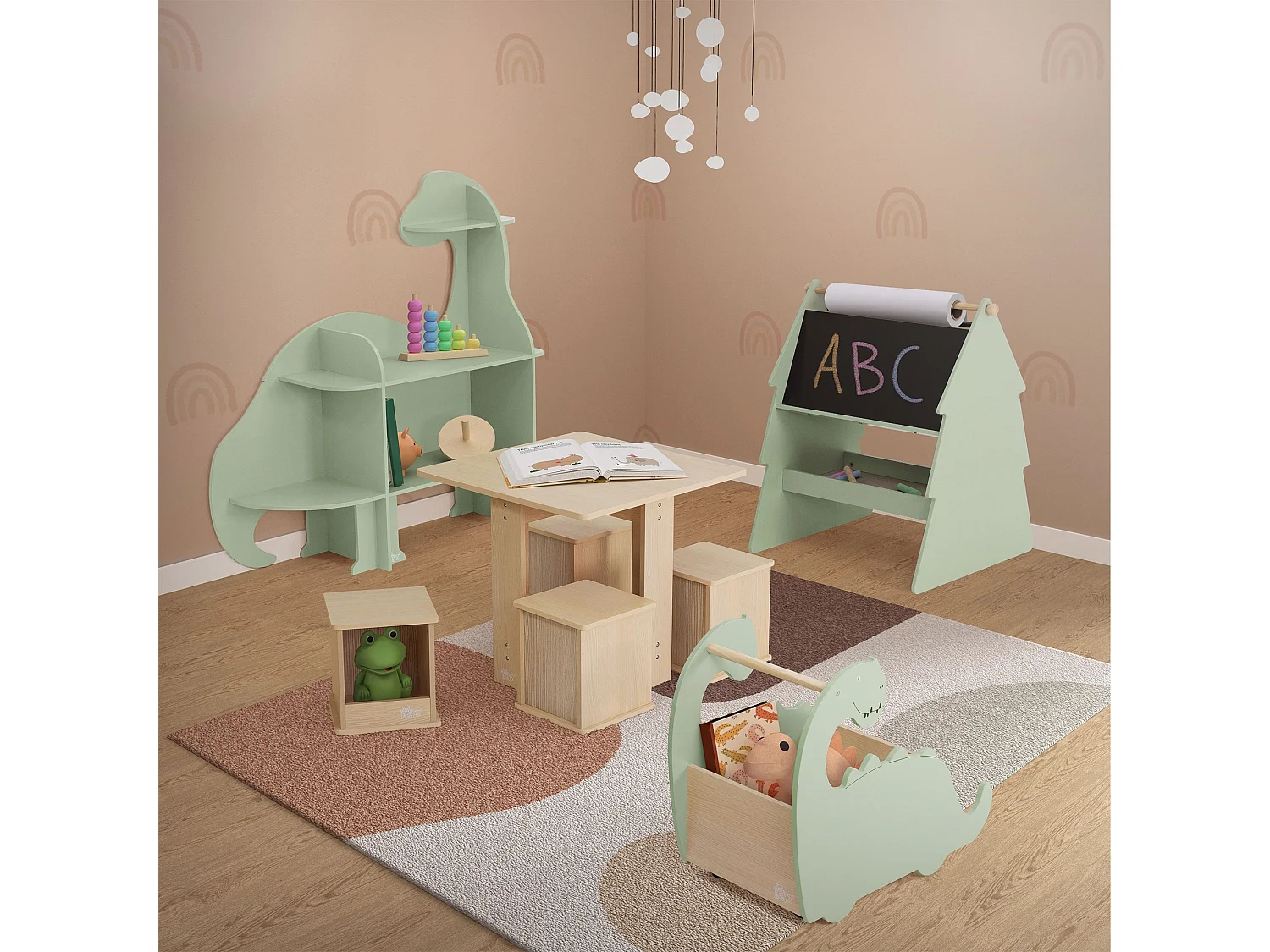 Lavagna bifacciale per bambini in legno verde con design ad abete portaoggetti