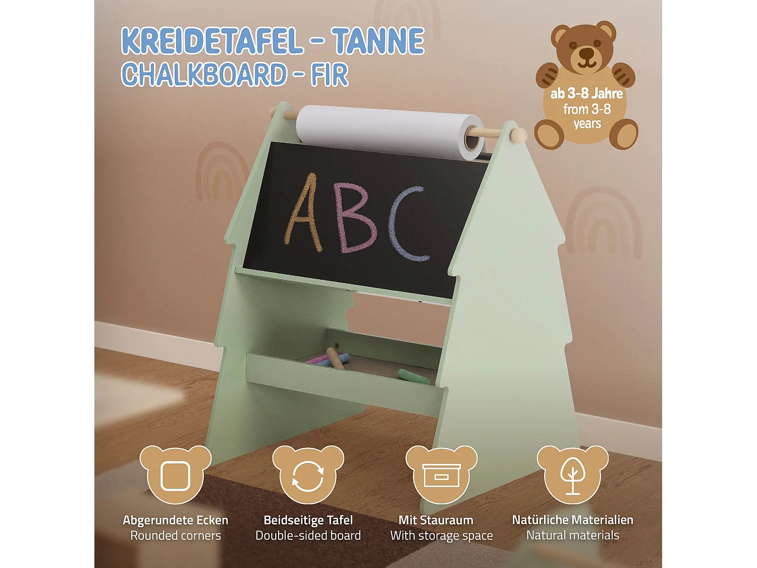 Pizarra infantil de tiza doble cara de madera diseño abeto con espacio y varilla